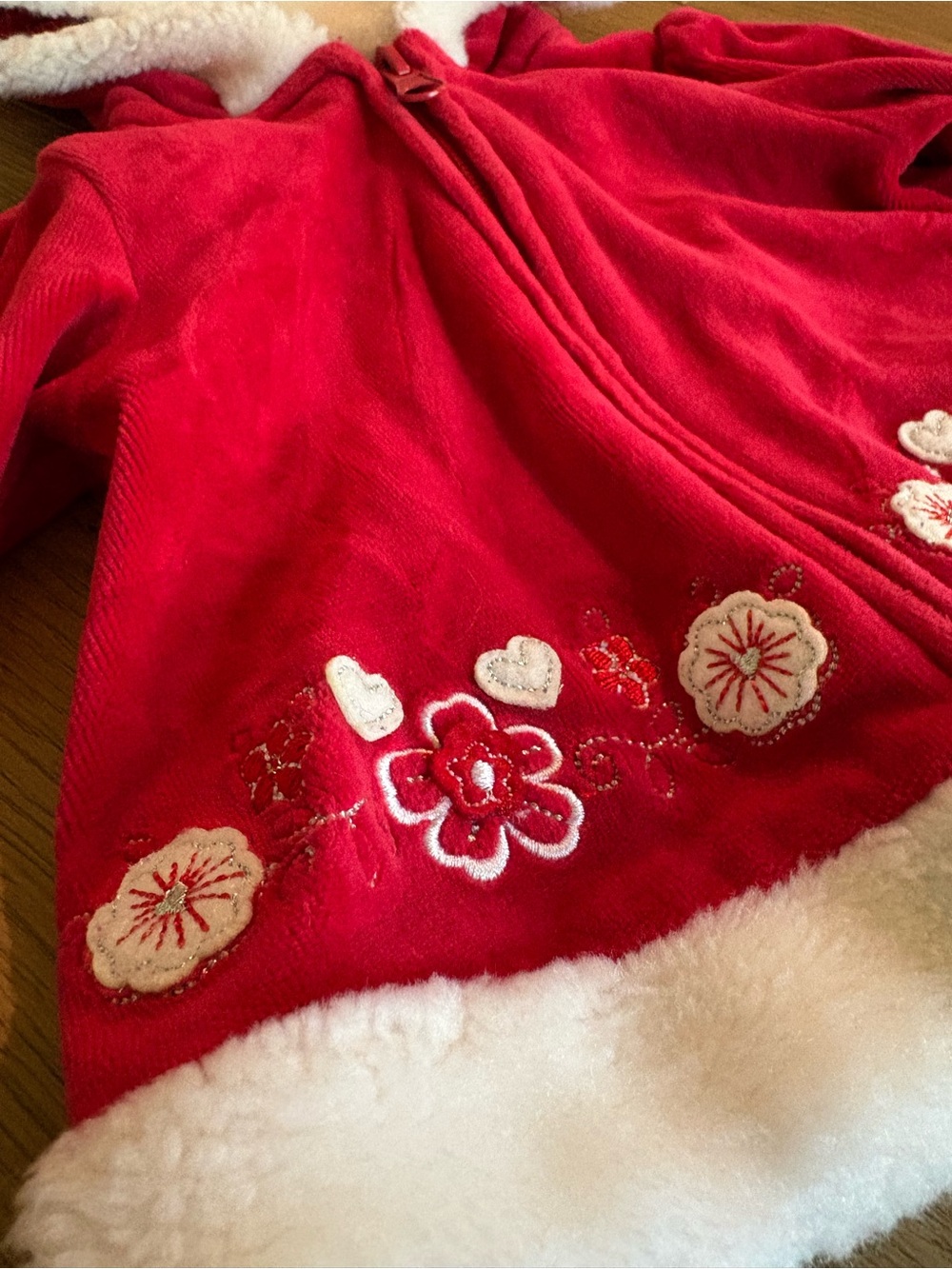 Girls' Red Embroidered Hooded Jacket with Faux Shearling Trim